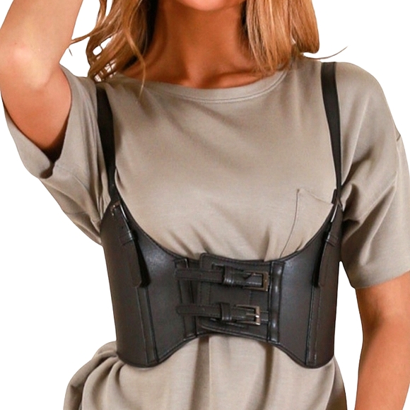 Womens Corset black vegan leather harness buckle suspenders steampunk waist belt - Picture 14 of 17